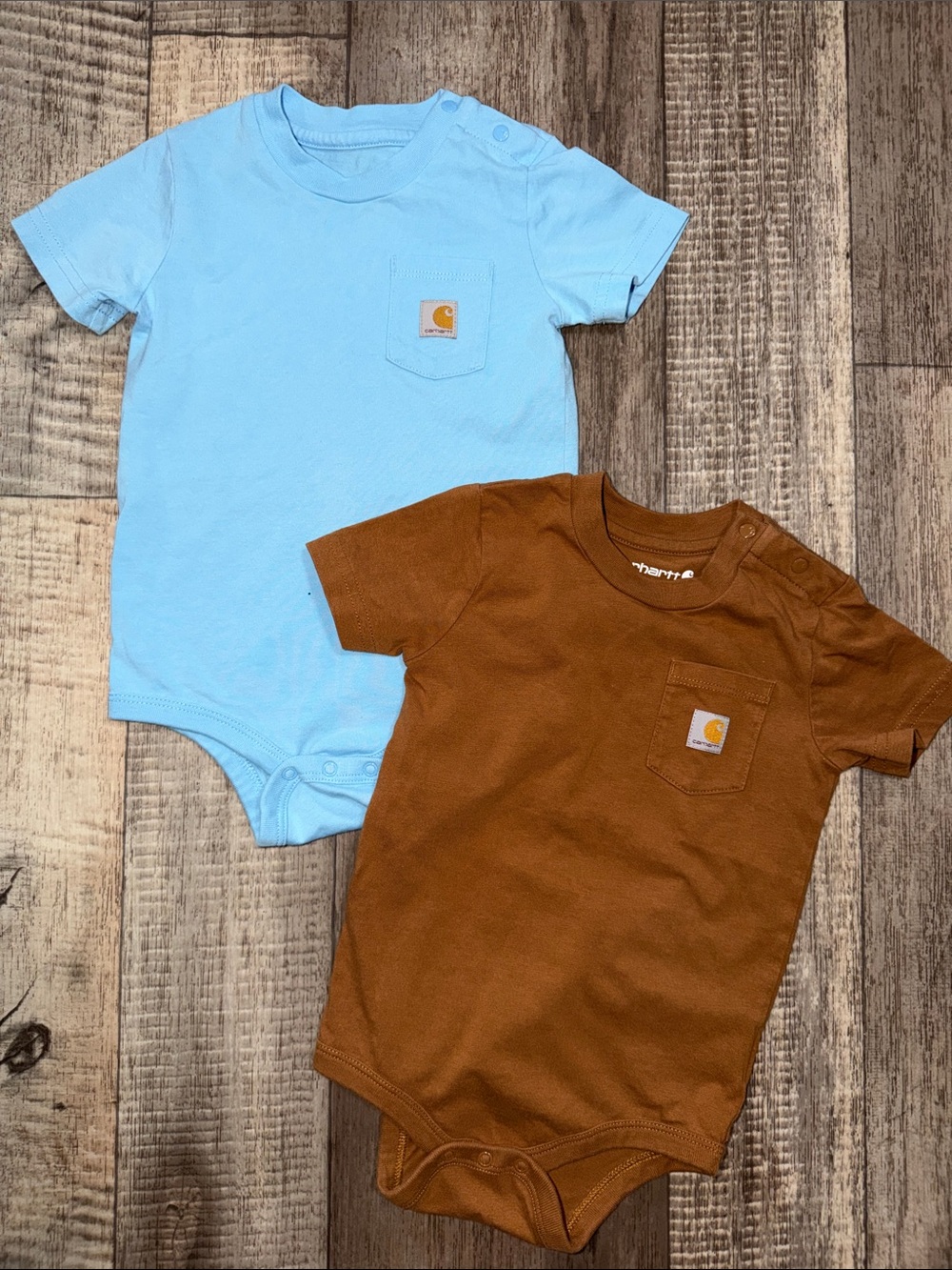 Carhartt Short-Sleeve Pocket Bodysuits - Blue & Brown (2-Pack)-size 18 months